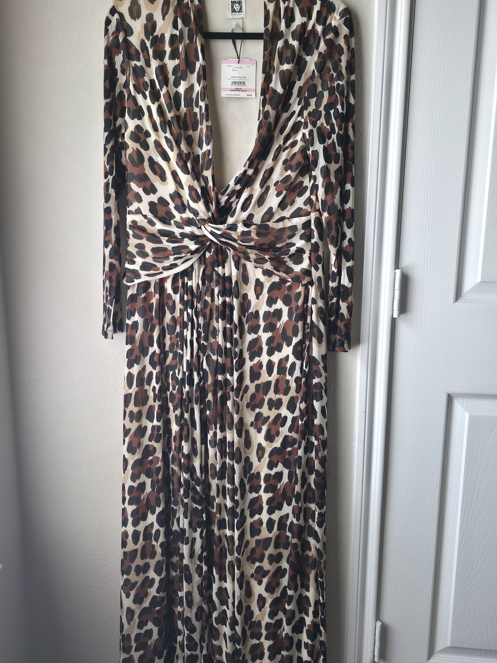 Anne Klein Leopard Twist-Front Maxi Dress in Brown and Cream